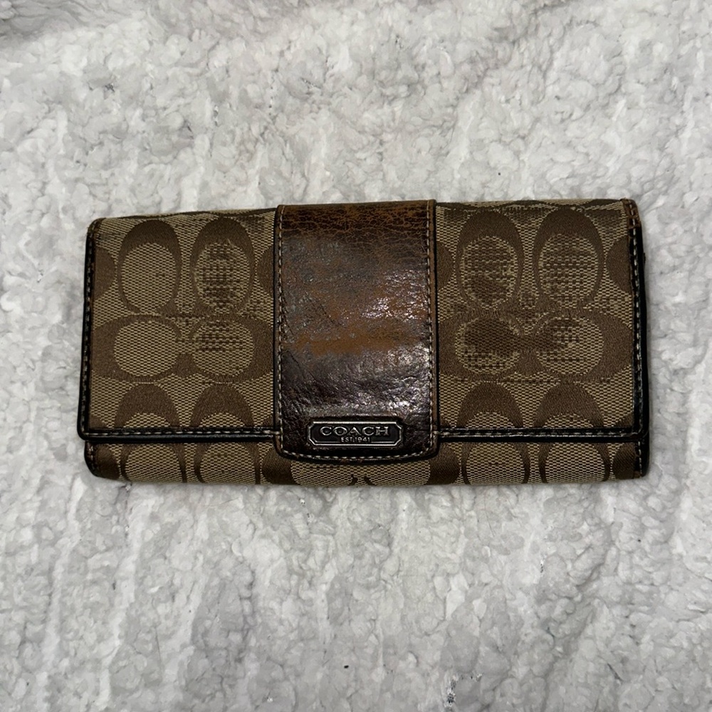 Coach tan and brown signature long wallet damaged